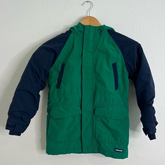 Lands' End Kids Grow-A-Long Winter Jacket Green Navy Waterproof Size M 5-6